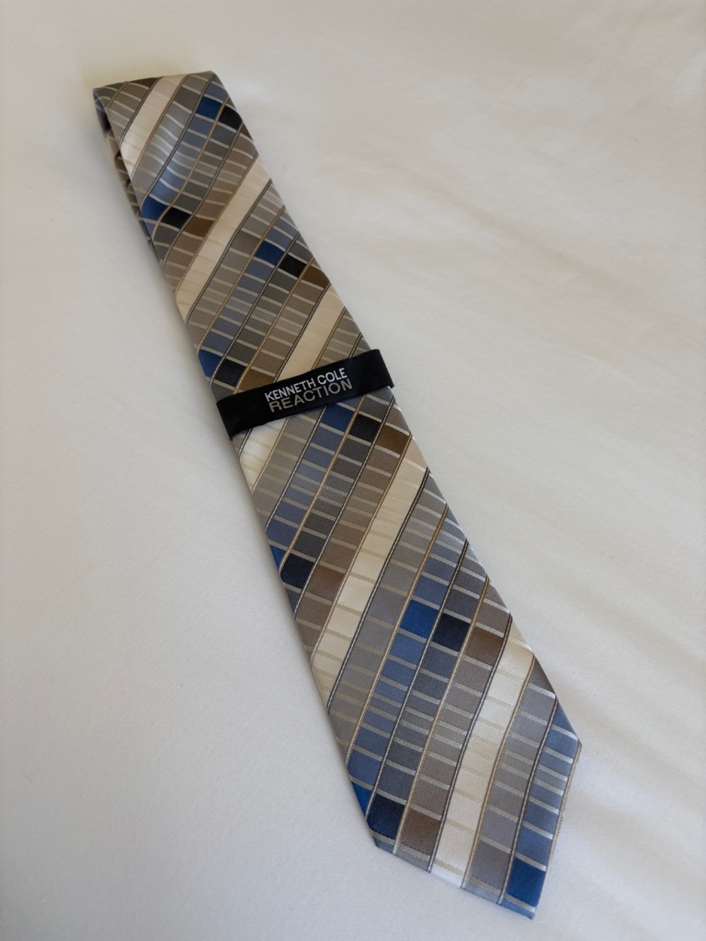 Kenneth Cole Reaction Blue, Gray and Brown Diagonal Geometric Silk Tie